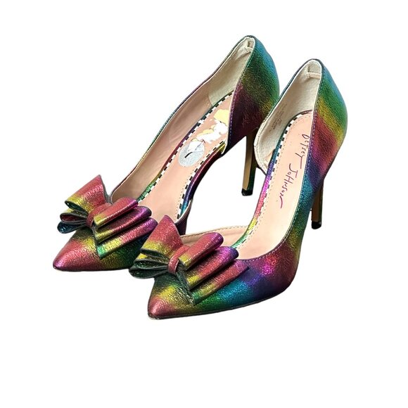 Rainbow metallic heels with bows by Betsey Johnson Size 7 - Picture 1 of 10